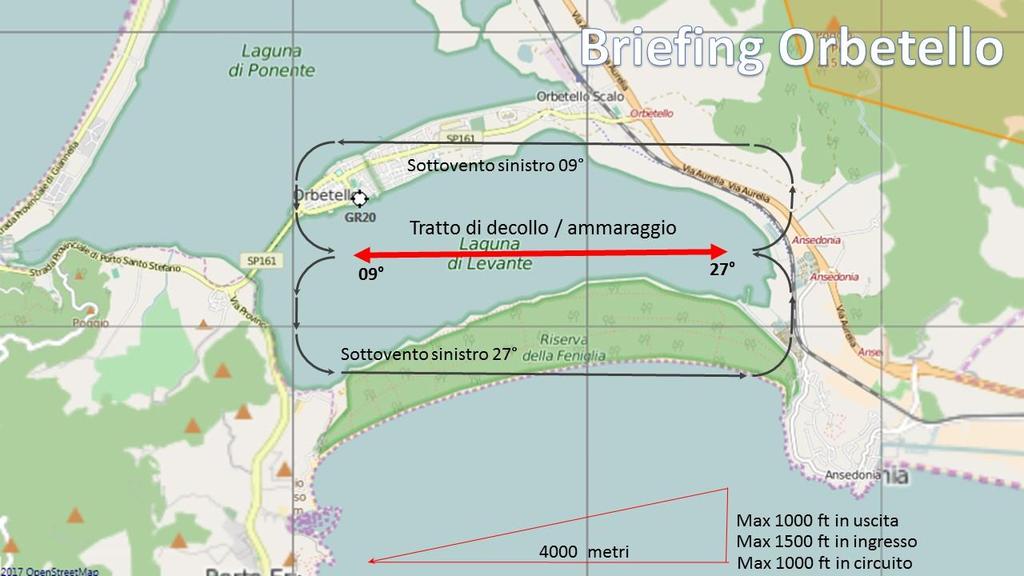 Per il decollo e per l ammaraggio si utilizza un braccio di laguna di 2000 metri orientato 09 27 a seconda della direzione del vento, il vento