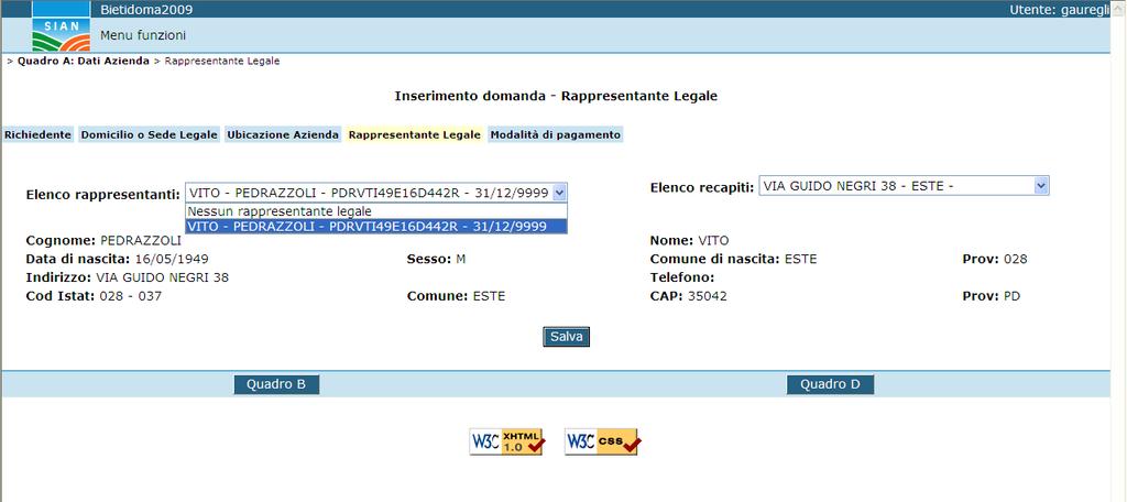 Nel caso di modifica della domanda, sarà possibile scegliere, tramite un menù a