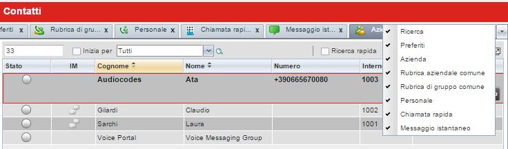 2. Nel menu a tendina verrà mostrato l elenco di tutte le rubriche/funzioni disponibili (Ricerca, Preferiti, Azienda, Rubrica aziendale comune, Rubrica di gruppo comune, Personale, Chiamata rapida,