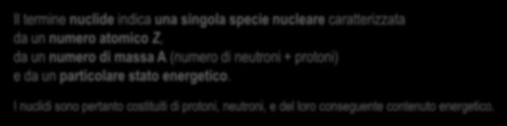 Atomi Rappresentazione completa di un elemento A X Z Il termine nuclide indica una singola specie nucleare caratterizzata