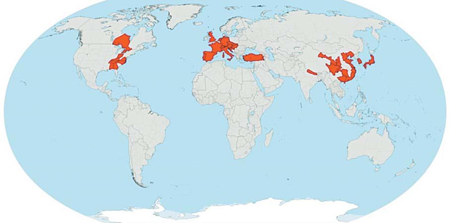 178 Fig. 1 Distribuzione mondiale del cinipide galligeno del castagno, Dryocosmus kuriphilus Yasumatsu (situazione aggiornata al 2015). delle efficaci azioni di controllo per limitare il danno.