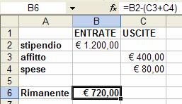 Esempio di operazioni Somma di affitto (400 ) e spese (80 ) Cliccando sulla cella restituente il totale (B3), la barra della formula non restituisce
