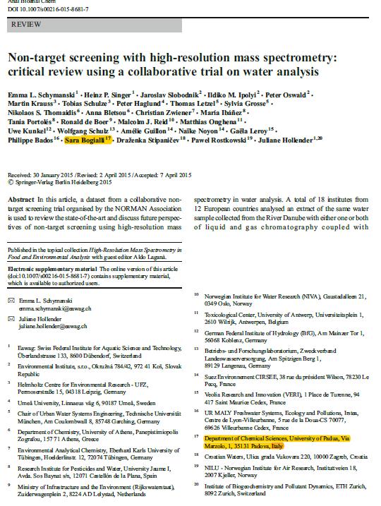 NORMAN_ intercollaborative trial_2013 First international Collaborative trial for non-target screening of organic compounds: 1000 L of river water (Danube) sampled and extracted- 1.