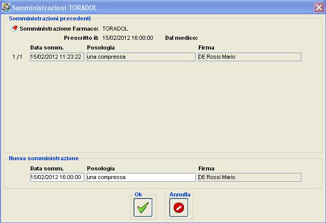 Essa visualizza innanzitutto i dati della prescrizione, a seguire le somministrazioni precedentemente registrate relative alla medesima terapia.