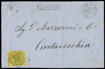 248 * 1870-10c arancio vermiglio, diviso con forbici, annullato con il muto a rombi sardo-italiano da "ROMA 8 OTT 70" (doppio cerchio) a Civitavecchia. Raro annullamento (Sassone 26+pt.12-5.