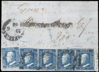 436 * 1860-2gr cobalto scuro I tav. carta di Napoli, striscia di quattro e 2gr azzurro chiaro III tav, carta di Palermo, da "MESSINA 19-6 60" a Malta.