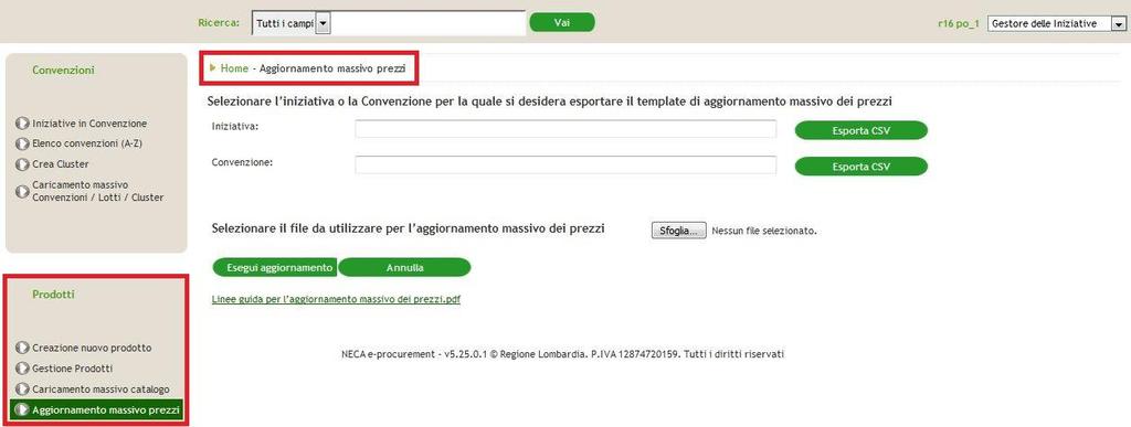 3. La terza sezione contiene una tabella con tutti i caricamenti massivi precedentemente effettuati per le iniziative di cui l utente loggato è owner.