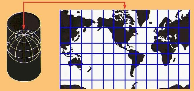 Carta di Mercatore I meridiani, in questa proiezione sono rettilinei, paralleli ed equidistanti mentre i paralleli sono rettilinei, perpendicolari ai meridiani e posti tra loro a distanza crescente
