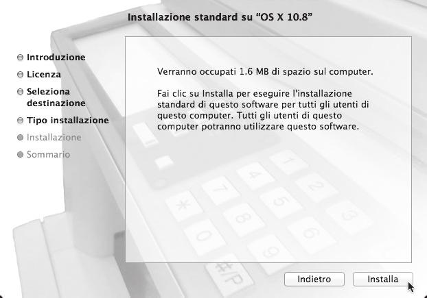 MAC OS X 7 8 Viene visualizzata la finestra dell'accordo di licenza. Assicurarsi di comprendere il contenuto dell'accordo di licenza, quindi fare clic sul pulsante [Continua].