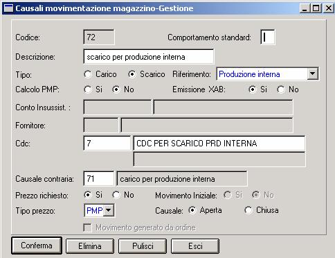 b) scarico per produzione interna Per la seconda causale, il tipo è scarico il riferimento sempre produzione interna ed il prezzo PMP.