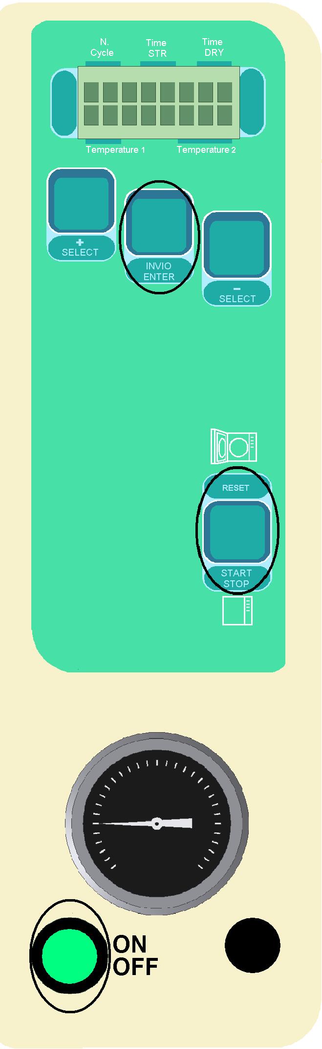 PROCEDURA PER ACCEDERE AL TEST TEST 1 ) Macchina spenta, porta aperta. 2 )Tenendo premuto contemporaneamente i pulsanti INVIO e START accendere la macchina con l interruttore verde ON/OFF.