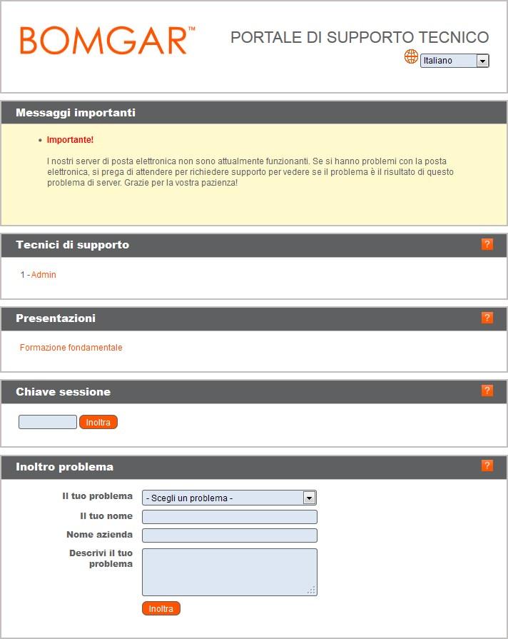 SITO PUBBLICO: RICHIESTA DI SUPPORTO TECNICO Il sito pubblico è il portale di supporto del dispositivo Bomgar, dove i clienti si recano per chiedere una sessione di supporto tecnico o per partecipare