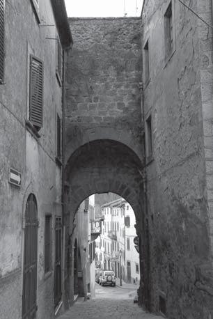 118 La porta Monte Amiata presenta un fornice anticipato verso l interno delle mura da un archivolto a supporto di un camminamento che si imposta a circa 1.