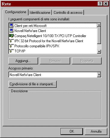 Impostazione della stampa IPX/SPX con Windows 95/98 Per stampare dalle workstation su cui è installato Windows 95/98 su IPX (Novell), è necessario in primo luogo impostare i protocolli IPX/SPX e