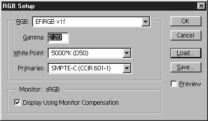 Caricamento del profilo dello spazio di lavoro con Photoshop 5.0 1. Lanciare Photoshop. 2. Dal menu File, selezionare Impostazioni colore e RGB Setup. 3.