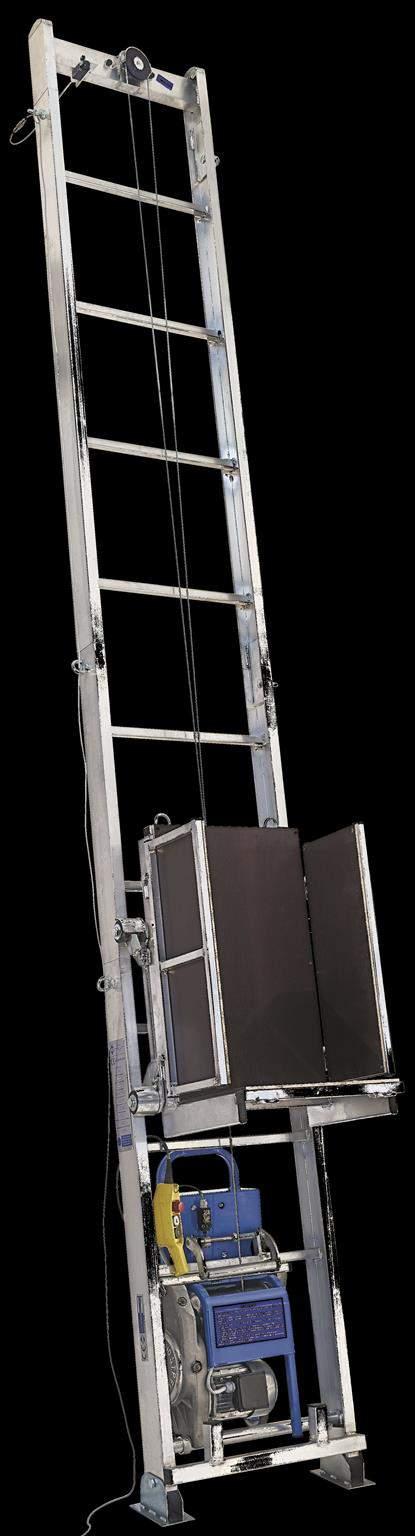 Elevatore GENIO Elevatore GENIO E un apparecchiatura di facile impegno studiata per sollevare materiali mediante un apposito carrello trainato da un cavo in acciaio su struttura modulare in alluminio
