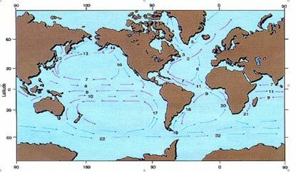 1. Corrente del Golfo (calda), 2. Corrente del nord Atlantico (calda), 3. Corrente del Labrador (fredda); 4. Corrente della Groenlandia occidentale (fredda); 5.