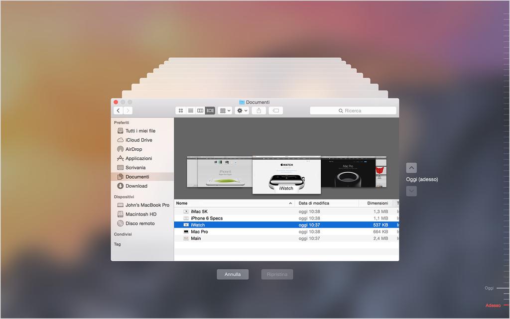 Time Machine è una funzione di backup integrata di OS X che mantiene una copia di tutti i file e memorizza anche la