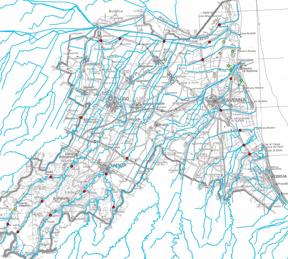 Le stazioni delle nuove reti regionali di monitoraggio delle acque superficiali: in rosso: la rete regionale per la qualità ambientale delle acque dolci, e la rete regionale funzionale alla