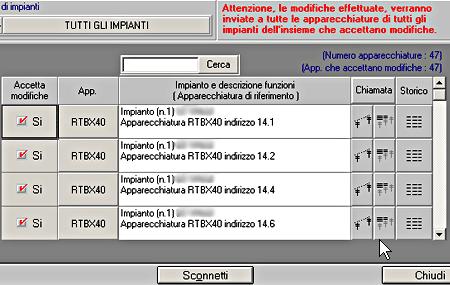 Fatta la scelta ci verrà presentata una maschera con l elenco di tutti gli apparecchi con al fianco la descrizione, l indirizzo e l impianto di appartenenza; in alto a destra è riportato il numero di