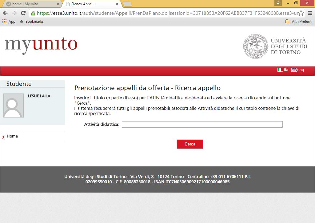 In this page, the title of the exam has to be entered in the search field Attività didattica (didactic activity); once it has been filled in, click on CERCA (search).