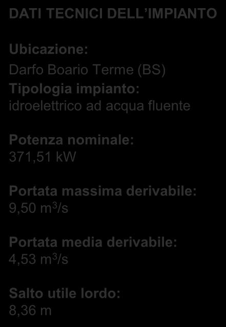 L impianto non ha derivazioni proprie, ma utilizza l acqua scaricata dalla centrale idroelettrica di Darfo derivandole dal canale Aiguale.