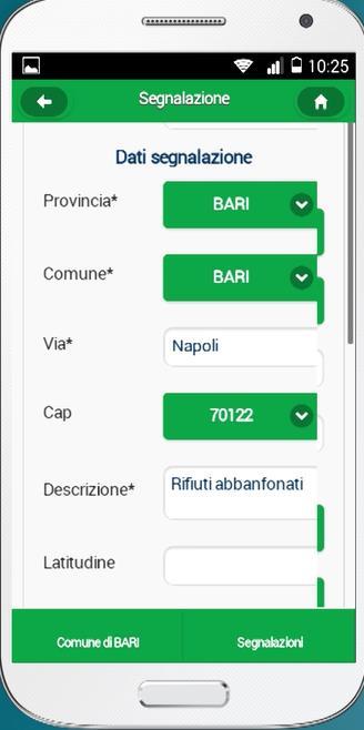 L App in automatico compila i dati relativi al segnalatore e la provincia e il comune a cui si riferisce la segnalazione, sulla base