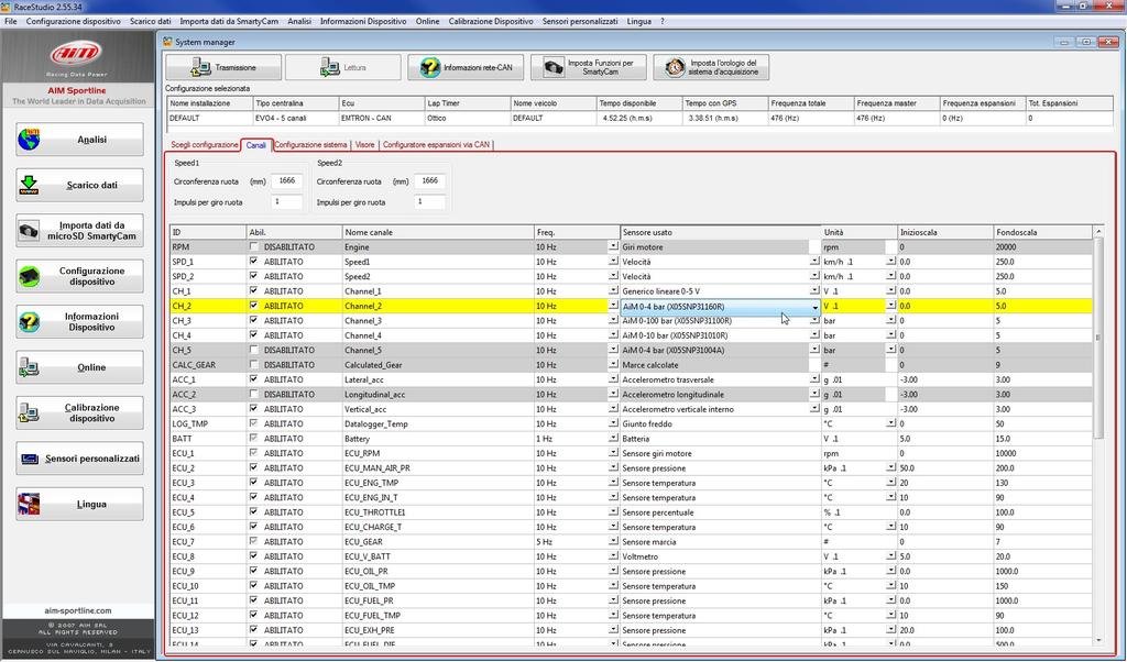 Per impostare il sensore nella configurazione dello strumento