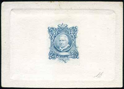 379 Saggio I. Delpierre - cartoncino avorio con impronta del conio originale stampata in azzurro del saggio calcografico. Molto raro. A.Diena 750 380 Saggio I.