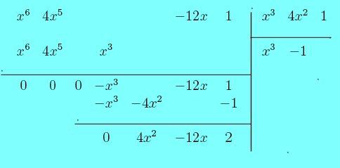 Esempio: Consideriamo i due polinomi in Q[x] f(x) = x 6 + 4x 5 12x + 1 e g(x) = x 3 +
