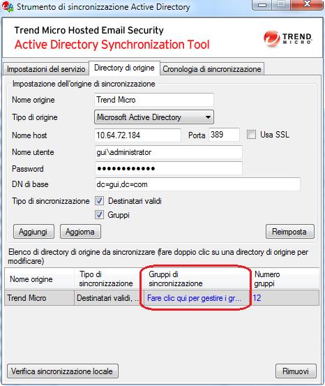 Utilizzo dello Strumento di sincronizzazione Active Directory Figura 3-1. Scheda Directory di origine Viene visualizzata la finestra Gestisci gruppi da sincronizzare. 5.