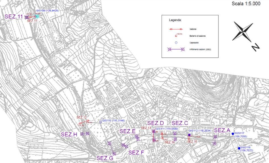 Figura 9 Planimetria con le sezioni ottenute dai rilievi topografici - planimetria dell asta fluviale rilevata in periodi differenti, ovvero 1997, 2002 e 2015; - profili longitudinali relativi agli