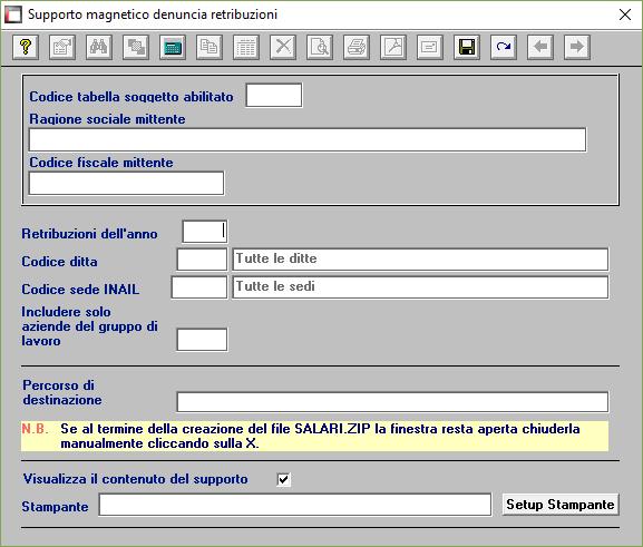 Creazione supporto denuncia retribuzioni Come si può notare, a seguito delle modiche apportate in gestione ditta, dati paghe, per poter creare un il supporto telematico è ora obbligatorio digitare il