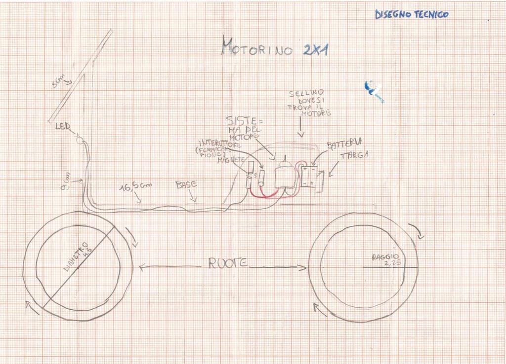 Questo è il disegno tecnico con il meccanismo interno. Le caratteristiche speciali del motorino sono le tre ruote: due davanti e una dietro, e poi è di colore blu/azzurro.