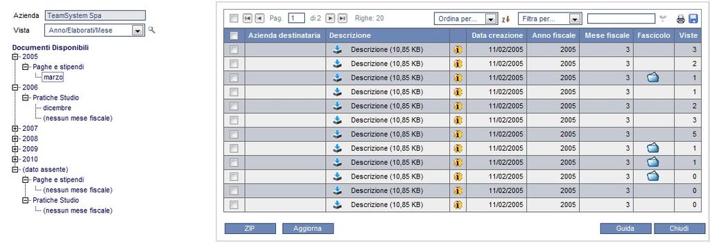 Consultazione / Manutenzione documenti La funzione di consultazione visualizza due sezioni (Frame) nella parte di sinistra viene visualizzato il Tree che rappresenta i raggruppamenti dei documenti e