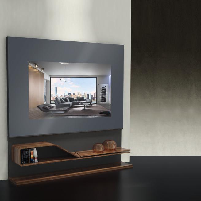 MOVIE PORTA TV SPECIAL Disegno Reflex Porta TV in vetro specchio Supersilver per TV LED fino a 70 con spessore massimo 7cm con cornici in legno laccato opaco, abbinato a modulo inferiore speciale
