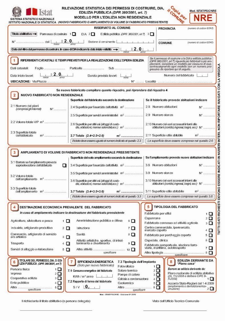 Il ISTAT/PDC/NRE per l edilizia non residenziale Il modello di rilevazione ISTAT/PDC/NRE, destinato all edilizia non residenziale, contiene un riquadro, il numero 2, con i quesiti sui nuovi