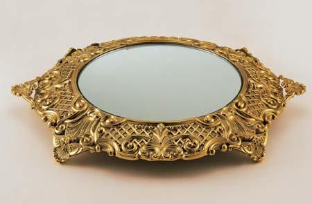 h 5) Vassoio con specchio in bronzo oro francese Tray