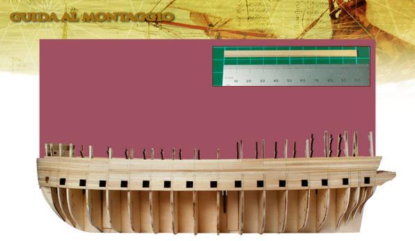 Rastrema il listello di circa 1 mm in direzione della prua, poi fissalo con la colla e i chiodini. Fissa i listelli di prua ai bordi delle sagome.