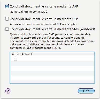 Impostare con un segno di spunta la modalità di condivisione: in particolare per gli utenti Windows occorre scegliere Condividi documenti e cartelle mediante SMB.