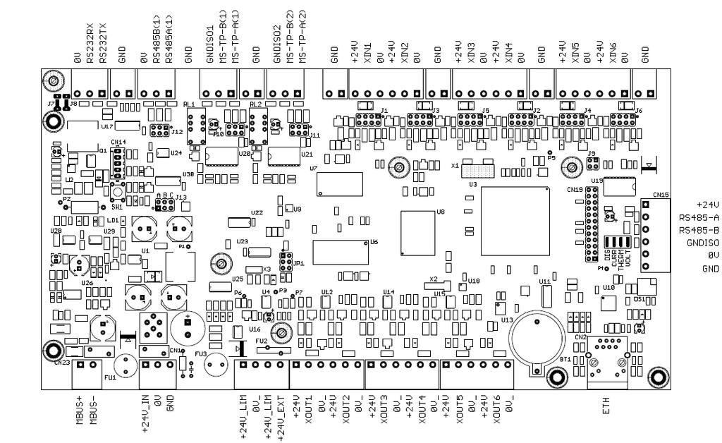 SCHEMA PINOUT J10-J12 232 485 MSTP1 MSTP2 I1 I2 I3 I4 I5 I6 J1-J6 configurazione ingressi J13 ESPANSIONI-1 ESPANSIONI -2 MBUS 24VDC 24 V AUX CR2032 O1 O2 O3 O4 O5 O6 LED 0-1-2-3 - I1 I6: ingressi