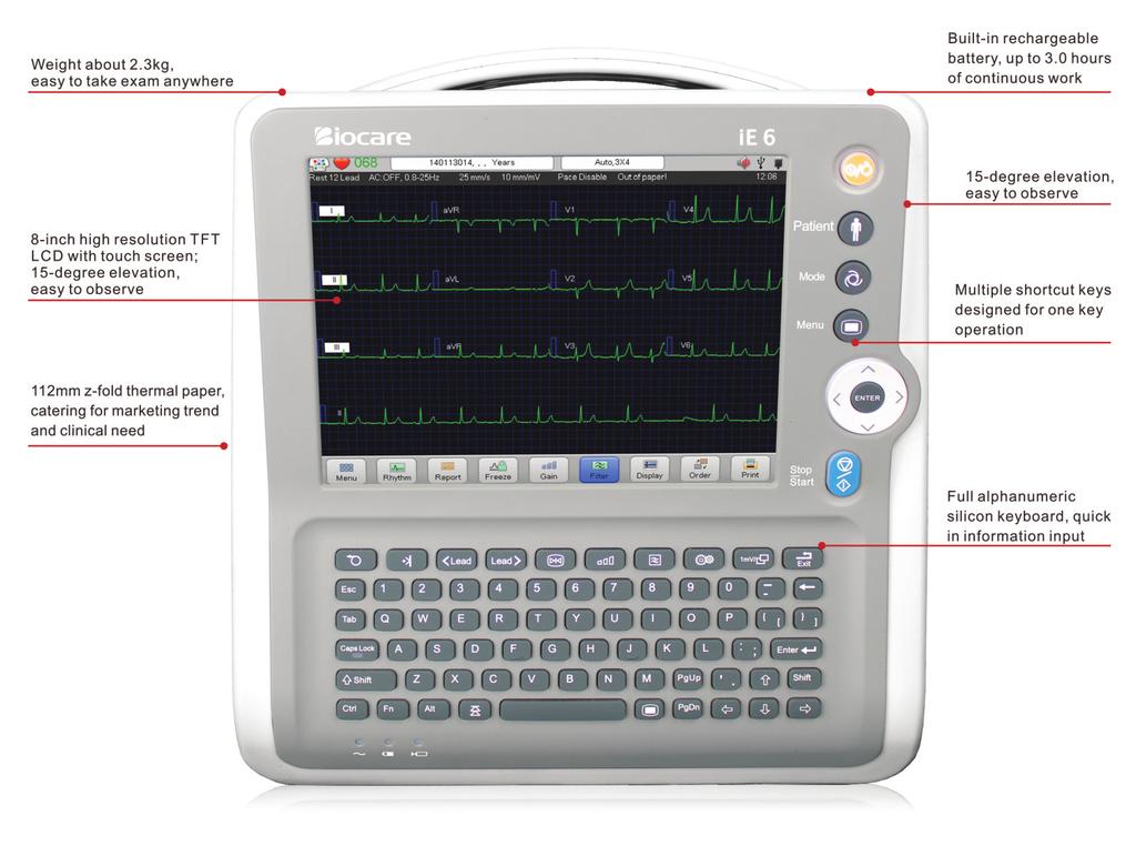 Elettrocardiografo interpretativo 12 derivazioni a 6 canali Batteria ricaricabile con autonomia di 3 ore in utilizzo continuo Leggero, solo 2,3 Kg di peso.