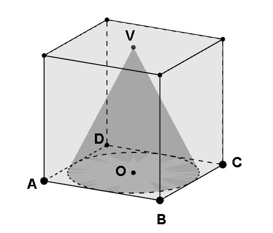 9) In un cubo avente lo spigolo di 10 cm sono inscritti due coni aventi la stessa base, il cerchio inscritto al quadrato, ma vertici differenti giacenti sulla faccia opposta: a) Fai uno schizzo della