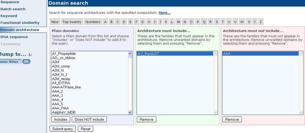 - Architecture Must Not Include: sono presenti le famiglie proteiche che abbiamo scartato con does not include nella lista Pfam domain.