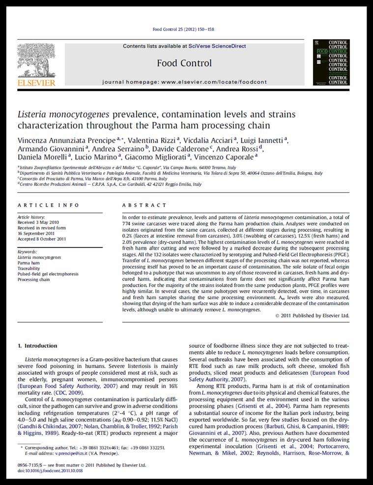 Listeria in prosciutto crudo Contaminazione superficiale Basso livello di rilevamento Esclusa la
