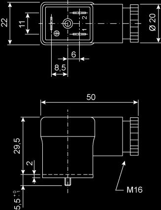 connettore rettangolare standard industriale stile -ind, 2 poli + terra, interasse contatti 11 mm da cablare, con terminali a vite; guarnizione piatta o a profilo; applicazione con elettrovalvole,