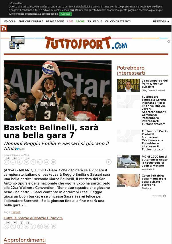 25 giugno 2015 tuttosport.com Basket: Belinelli, sarà una bella gara 7 Domani Reggio Emilia e Sassari si giocano il titolo.