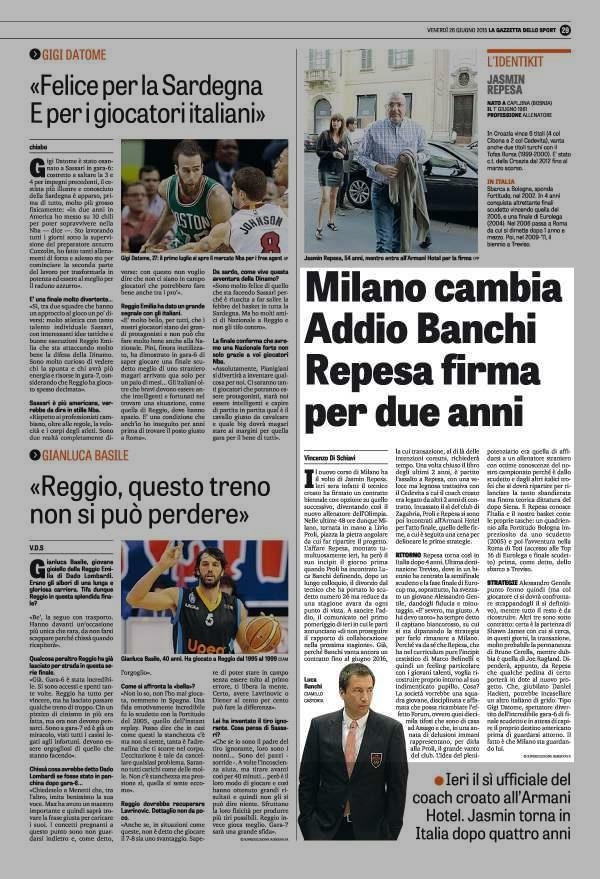 26 giugno 2015 Pagina 29 La Gazzetta dello Milano cambia Addio Banchi Repesa firma per due anni VINCENZO DI SCHIAVI Il nuovo corso di Milano ha il volto di Jasmin Repesa.