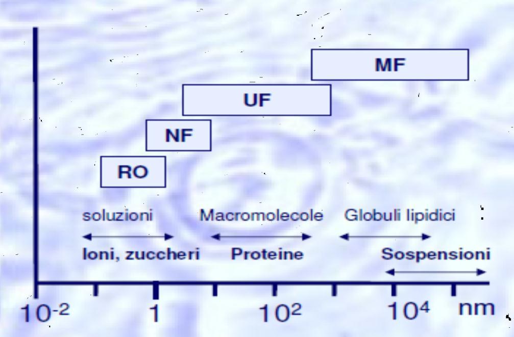 I METODI SEPARATIVI A MEMBRANE Microfiltrazione (MF):Separazione di colloidi, microorganismi, solidi sospesi Richiede pressioni molto basse (<2 bar) Ultrafiltrazione (UF): Separazione di