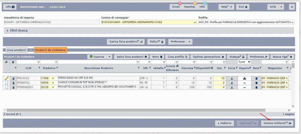 Se per uno dei prodotti da richiedere si vogliono specificare delle note, fare click in corrispondenza del prodotto e della colonna "Note" (accanto a "Urgente"): si apre una finestra dedicata.